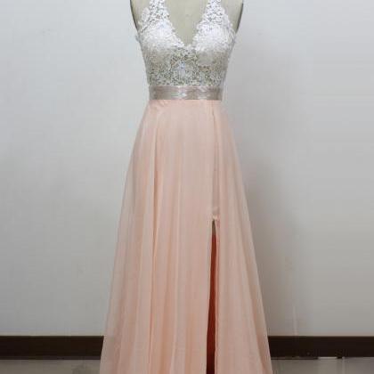 A-line V-neck Chiffon Long Prom Dress With Side..