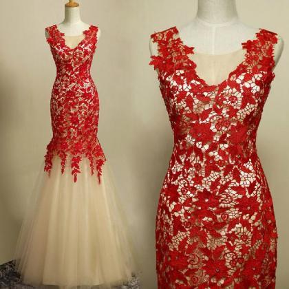 Lace, Mermaid, Sleeveless Prom Dresses, 2016 Red,..