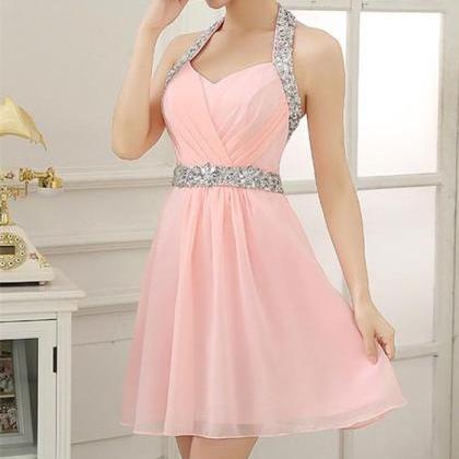 Cute Pink Homecoming Dress, Short Halter Prom..