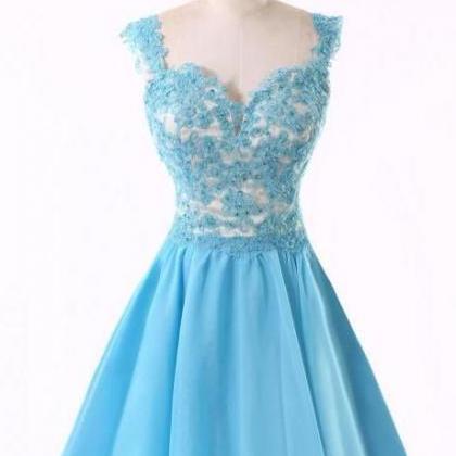Sky Blue Lace Homecoming Dress, Satin Short Mini Prom Dress, A-line ...