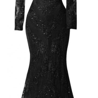Sexy Black Prom Dresses,2016 Custom Long Sleeves..