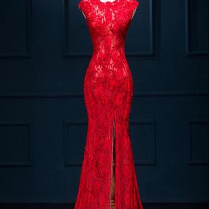 Long Sexy Prom Dress, Red Lace Evening Dress, See..