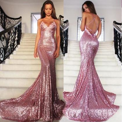 Charming Sequins Pink Prom Dress,sexy Spaghetti..