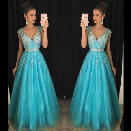 Charming Blue Chiffon Beading Prom Dress,..
