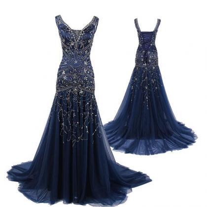 Charming Dark Blue Beading Prom Dress,sexy..