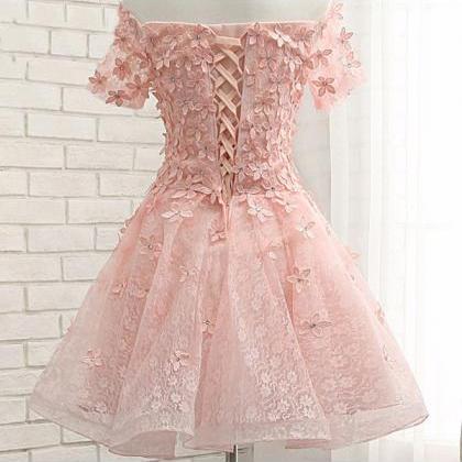 Pink Lace Homecoming Dresses, Off Shoulder..