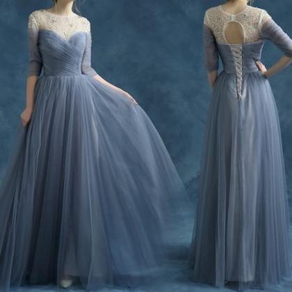 Grey Blue Evening Dress Fashion Backless Beading..