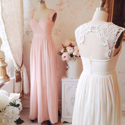 Charming Long Pink Chiffon Prom Dress,cap Sleeve..