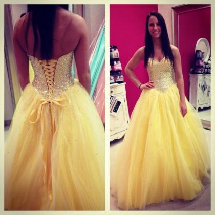Ball Gown Yellow Tulle Prom Dresses,sweetheart..