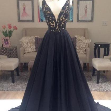 Pretty Black Chiffon Lace Long Prom Dress ,2016..