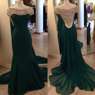 Elegant Off Shoulder Long Emerald Green Mermaid..