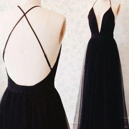 Black Deep V-neck Tulle Long Prom Dresses,evening..