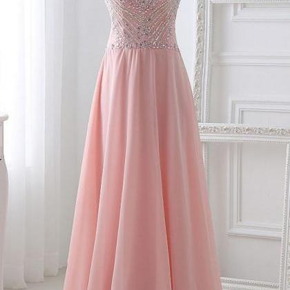 Pretty Long Prom Dresses,pink Chiffon Beading Prom..