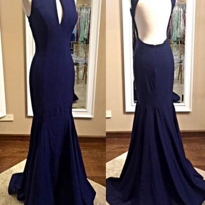 Fashion Scoop Navy Blue Backless Mermaid Evening..