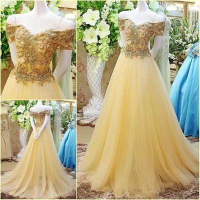 Off The Shoulder Gold Long Prom Dress,colorized..