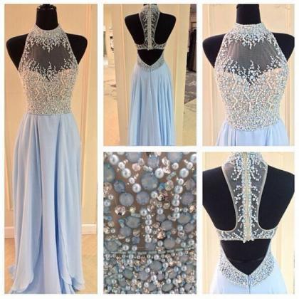 Blue Prom Dress,long Prom Dress,beading Prom..