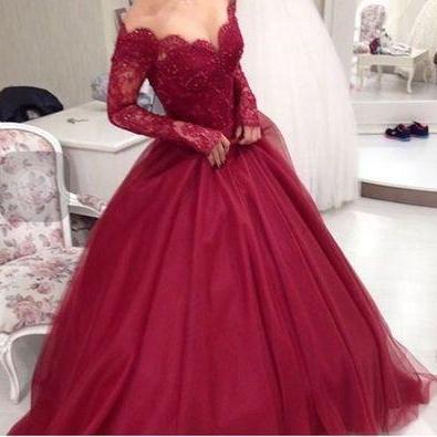 2017 Custom Made Burgundy Lace Prom Dress,long..