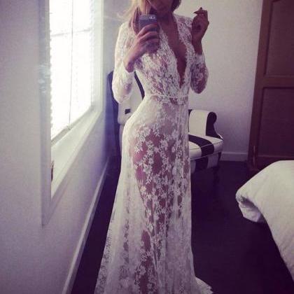 Custom Made White Lace Prom Dress Long Sleeves Evening Dress Sexy