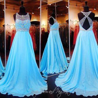 2017 Custom Made Blue Chiffon Prom Dress,beading..