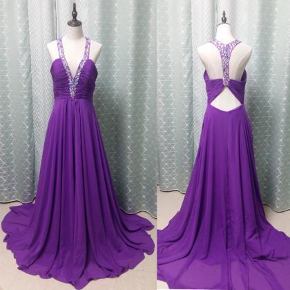 2017 Custom Made Purple Chiffon Prom Dress,beading..
