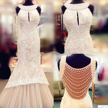 Pearl Embellished And Lace Halter Neck Floor..