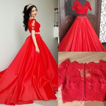 2017 Custom Made Red Lace Prom Dress,two Pieces..