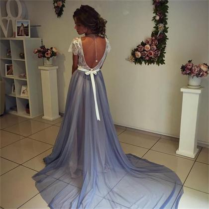 Prom Dress, Short Sleeves Prom Dress,backless Prom..