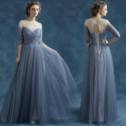 Blue Grey Prom Gown Crystal Half Sleeve Maxi Long..