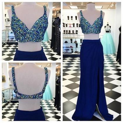 Two Piece Prom Dress,beading Prom Dresses,long..