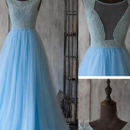 Ice Blue Tulle Round Neck See-through Lace A-line..