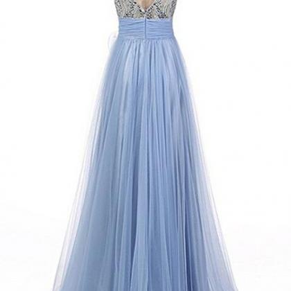 Light Blue Tulle Beading Round Neck A-line..