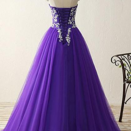 Luxury Purple Tulle Sweetheart Applique A-line Princess Long Prom Dress ...