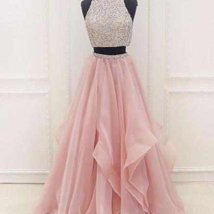 Pink Chiffon Tiered Two Pieces Sequins A-line..