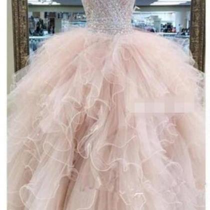 Pink Organza V-neck Sequins Beaded Tiered A-line..
