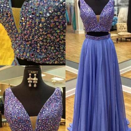 Royal Blue Chiffon V-neck Sequins Two Pieces Long..