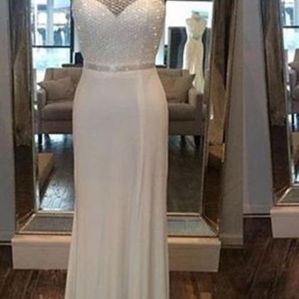 White Chiffon Halter Sequins Simple Long Prom..