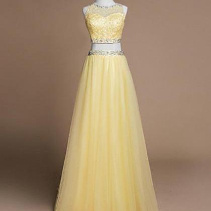 Yellow Two Piece Sequin Beading Long Prom Dress..