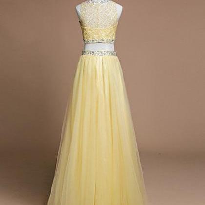 Yellow Two Piece Sequin Beading Long Prom Dress..