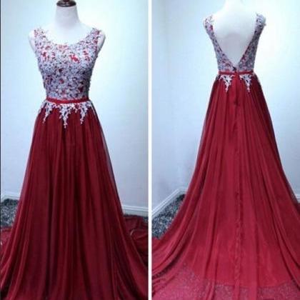 Burgundy A-line Chiffon Lace Long Prom Dress,..
