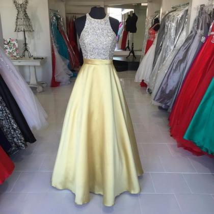 Long Beading Gold Satin Prom Gowns,o-neck Prom..