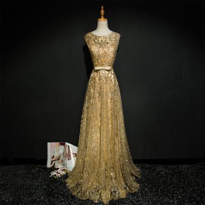 Gold Lace Sequins And Embroidery Long Prom Dresses..