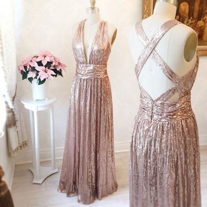 Gorgeous A-line Long Rose Gold Prom Dress..