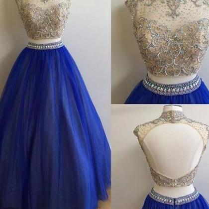 Blue Round Neck Tulle Sequin Two Pieces Long Prom..