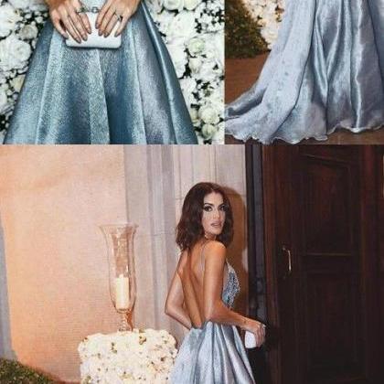Luxurious A-line Straps Blue Long Prom Dress..