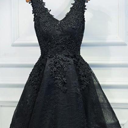 Sexy Black Short Prom Dress, Black Lace Party..