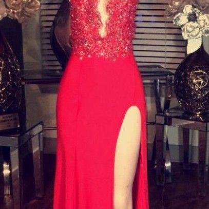2017 Red Chiffon Prom Dresses Keyhole High Neck..