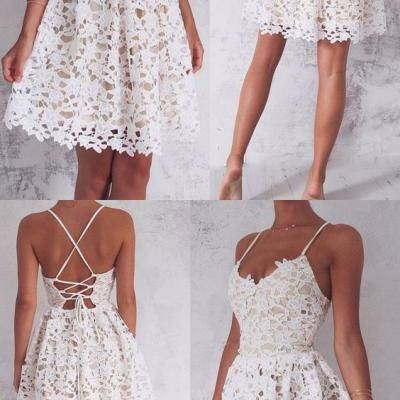White Lace Plunge V Spaghetti Straps Short Skater Dress Featuring Strappy Open Back 
