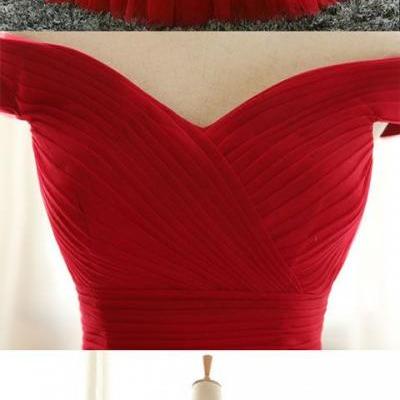 Red A line tulle off shoulder long prom dress, red evening dress