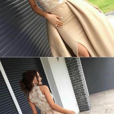 Charming Champagne Hign Neck Prom Dresses Ivory Lace Appliques Halter Long Champagne Mermaid Evening Dresses Formal Party Dress