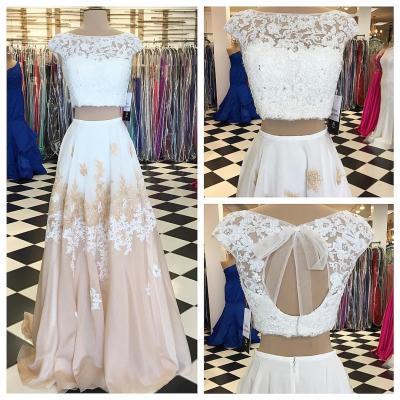 Charming A-line Round Neck Lace Satin Open Back Two Piece Floor Length Long Prom Dress 